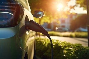 image of an ev charging with a sunset