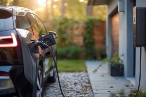 image of an electric vehicle charging in a driveway