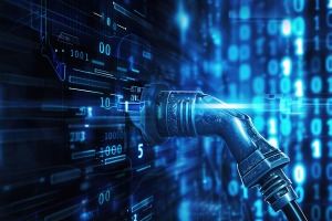 Future EV car electric plug and battery charger blue abstract digital binary code background