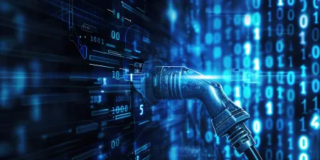 Future EV car electric plug and battery charger blue abstract digital binary code background