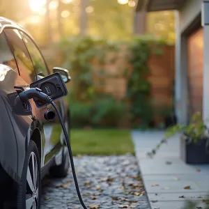 image of an electric vehicle charging in a driveway