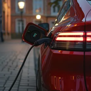 EV electric car plugged charging at standalone station
