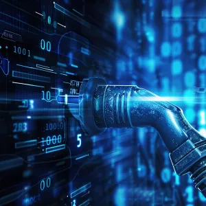 Future EV car electric plug and battery charger blue abstract digital binary code background